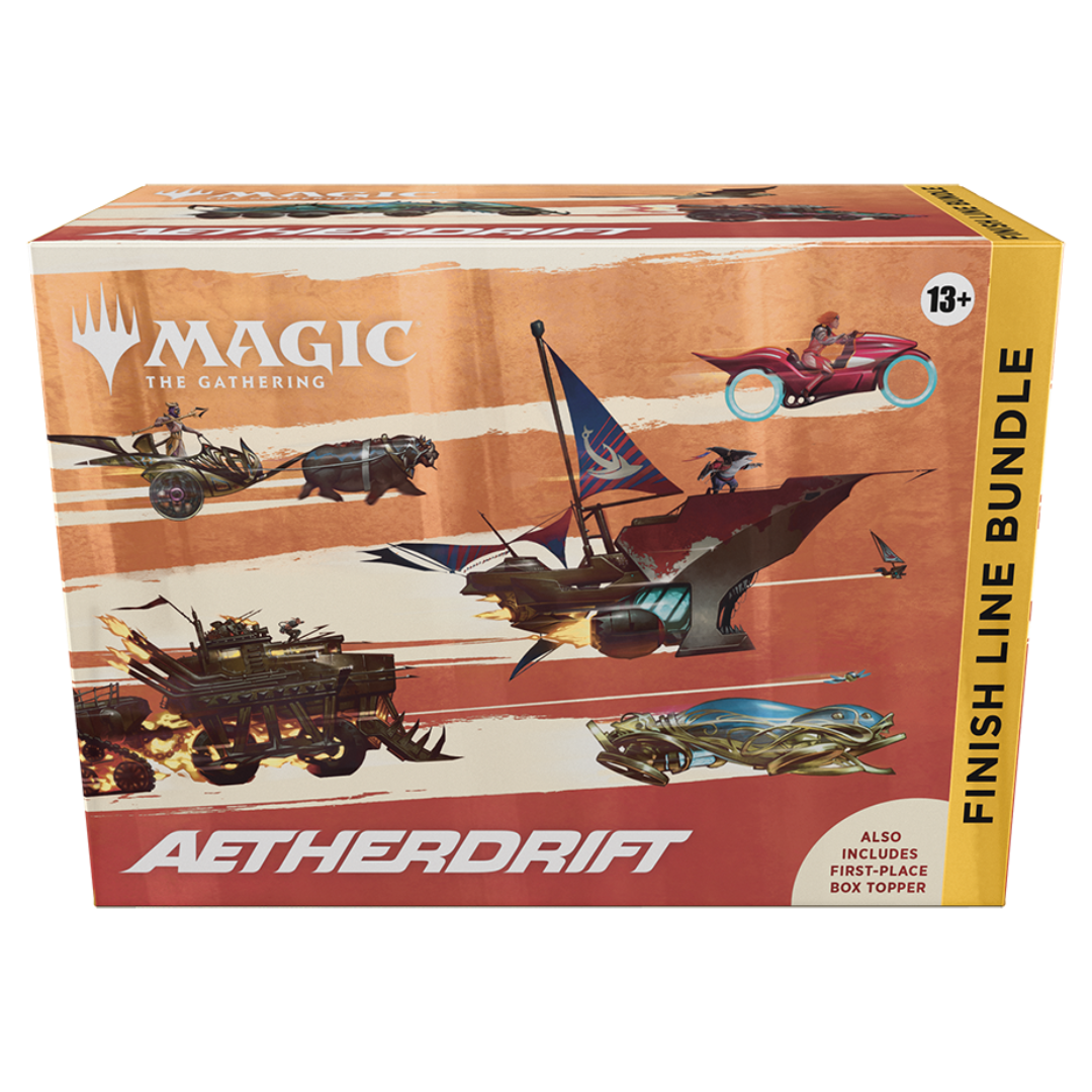 MTG Aetherdrift Finish Line Bundle featuring exclusive Play and Collector Boosters, Full-Art and Foil Lands, special promos, checkered flag Spindown life counter, and more. Perfect for Magic: The Gathering collectors!