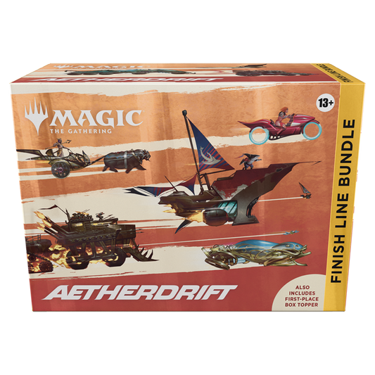 MTG Aetherdrift Finish Line Bundle featuring exclusive Play and Collector Boosters, Full-Art and Foil Lands, special promos, checkered flag Spindown life counter, and more. Perfect for Magic: The Gathering collectors!