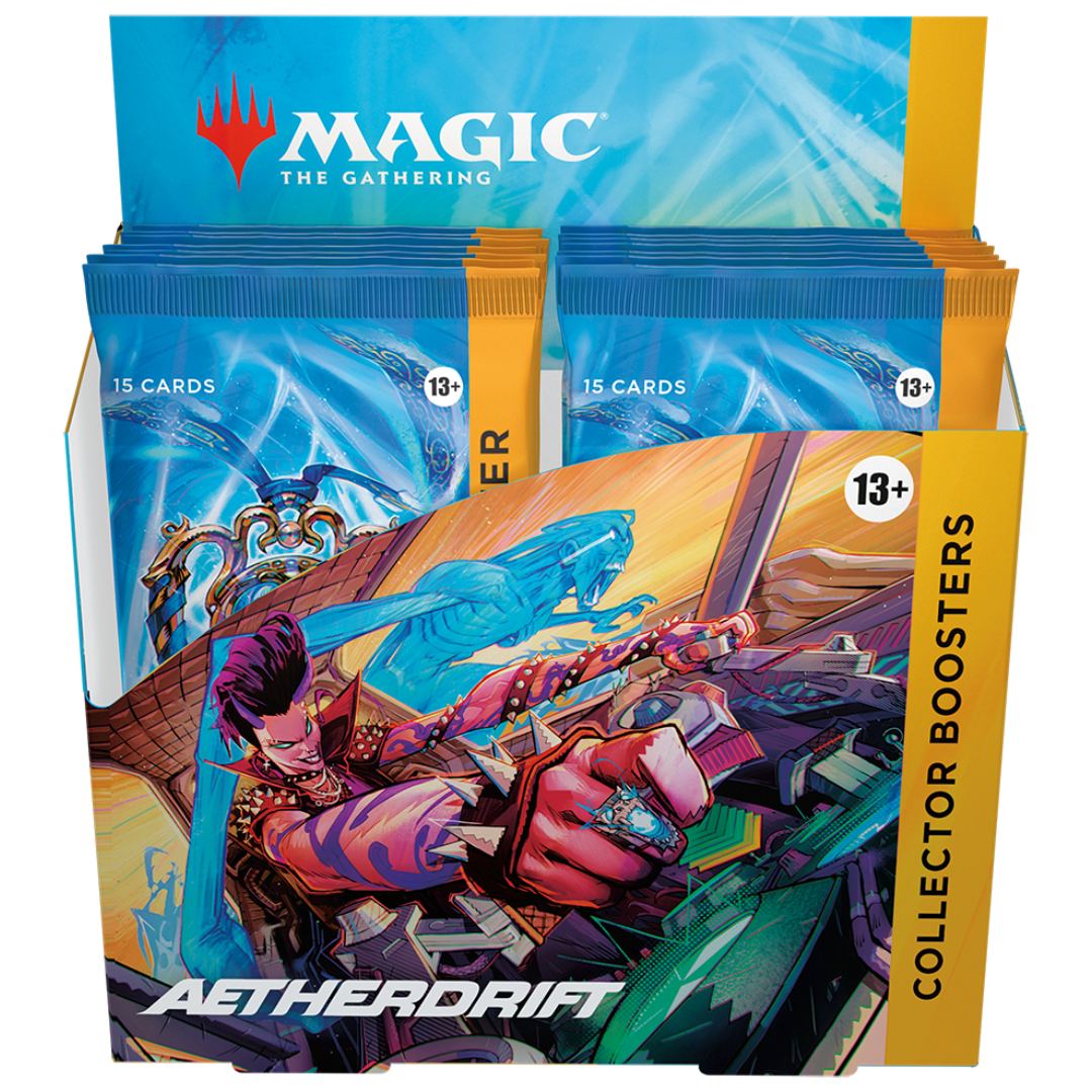 Magic: The Gathering Aetherdrift Collector Booster Display featuring 12 premium booster packs, each with 15 cards, including Rares, Mythics, Foils, and exclusive Serialized Aetherspark cards. Perfect for collectors and Magic: The Gathering fans seeking rare treasures like Borderless Graffiti Giants and Japan Showcase cards.