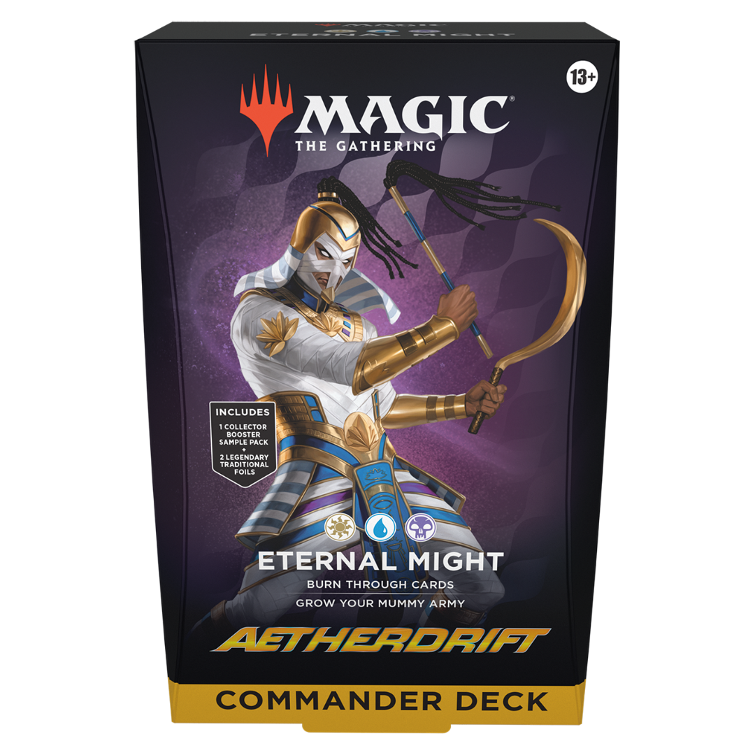 MTG Commander Deck Aetherdrift Eternal Might with 100 ready-to-play cards, Foil Legendary cards, tokens, and a Collector Booster Sample Pack. Ideal for Magic: The Gathering Commander players.