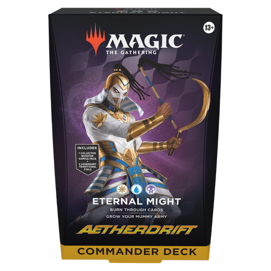 MTG Commander Deck Aetherdrift Eternal Might with 100 ready-to-play cards, Foil Legendary cards, tokens, and a Collector Booster Sample Pack. Ideal for Magic: The Gathering Commander players.