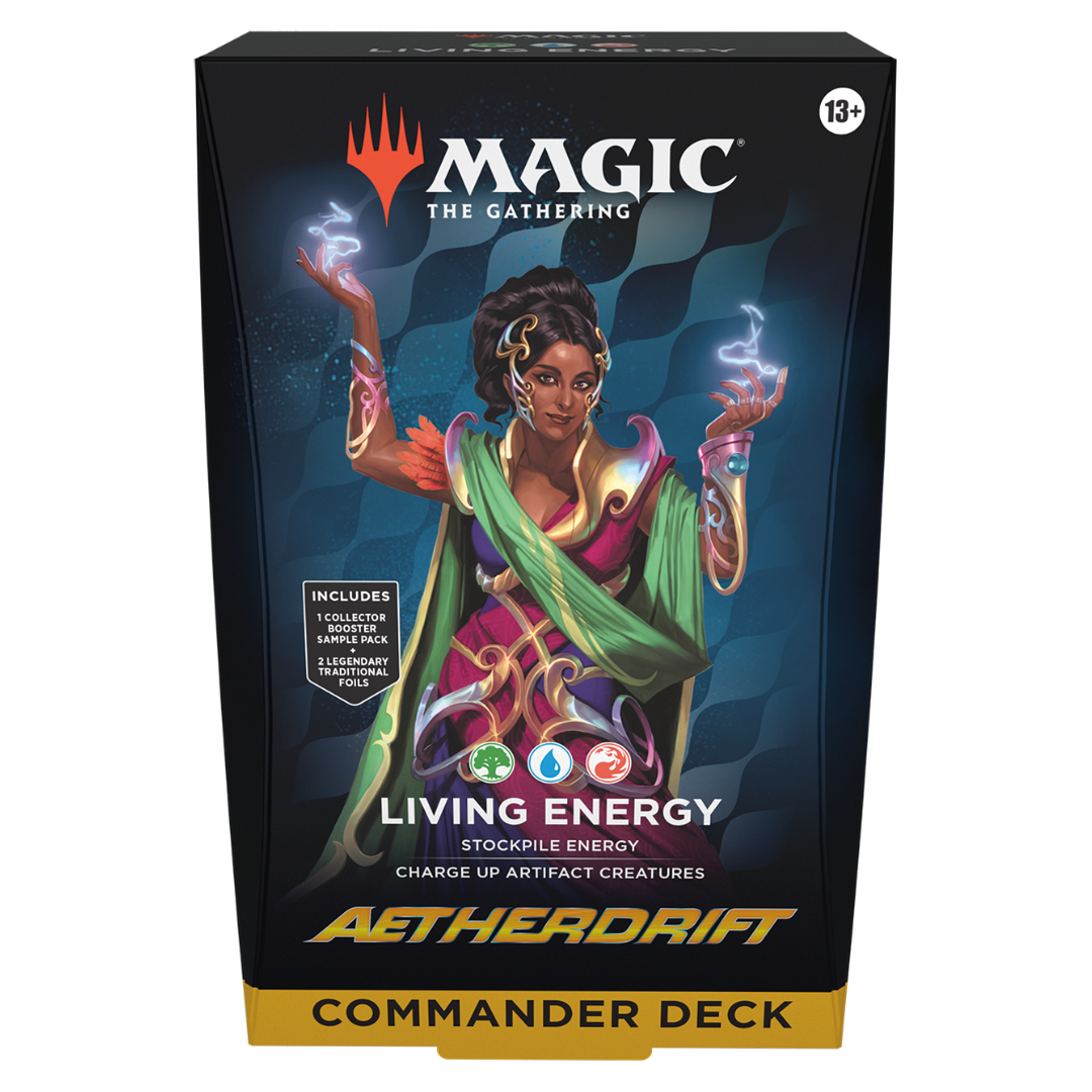 MTG Commander Deck Aetherdrift Living Energy featuring a 100-card ready-to-play deck with Foil Legendary cards, tokens, and a Collector Booster Sample Pack. Perfect for Magic: The Gathering Commander format enthusiasts.