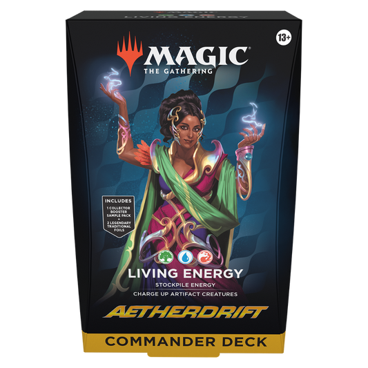 MTG Commander Deck Aetherdrift Living Energy featuring a 100-card ready-to-play deck with Foil Legendary cards, tokens, and a Collector Booster Sample Pack. Perfect for Magic: The Gathering Commander format enthusiasts.