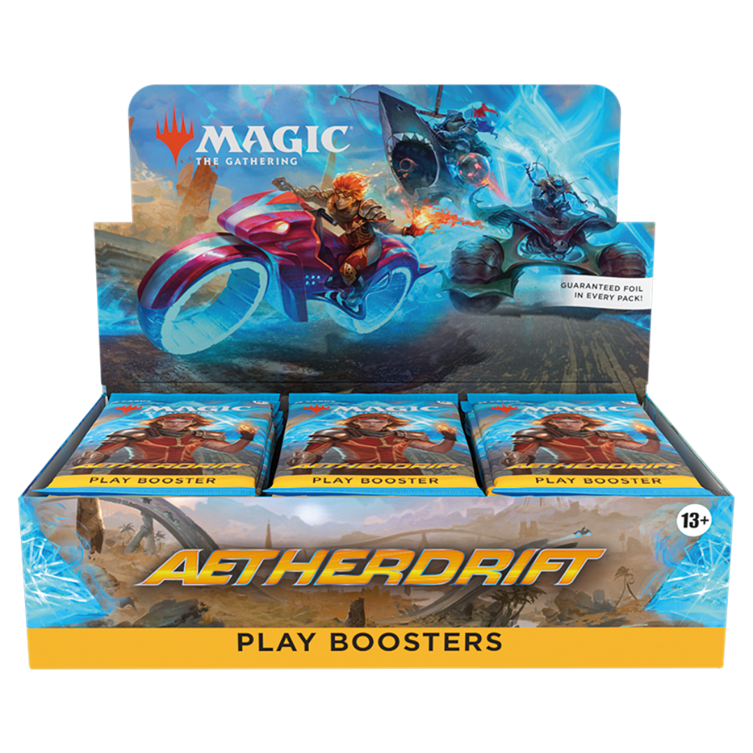 Magic: The Gathering Aetherdrift Play Booster Display featuring 30 booster packs, each with 14 cards perfect for drafting, deck-building, and Limited play. Includes a 2-card First Place Box Topper with exclusive bonus cards. Collect Rare, Uncommon, and Common cards, plus Traditional Foil and Mythic Borderless Graffiti Giants. A must-have for Magic: The Gathering fans and collectors diving into the high-speed Aetherdrift set.