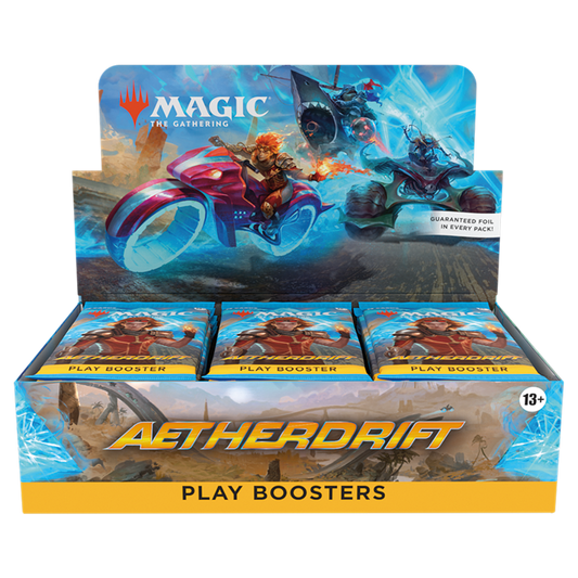 Magic: The Gathering Aetherdrift Play Booster Display featuring 30 booster packs, each with 14 cards perfect for drafting, deck-building, and Limited play. Includes a 2-card First Place Box Topper with exclusive bonus cards. Collect Rare, Uncommon, and Common cards, plus Traditional Foil and Mythic Borderless Graffiti Giants. A must-have for Magic: The Gathering fans and collectors diving into the high-speed Aetherdrift set.