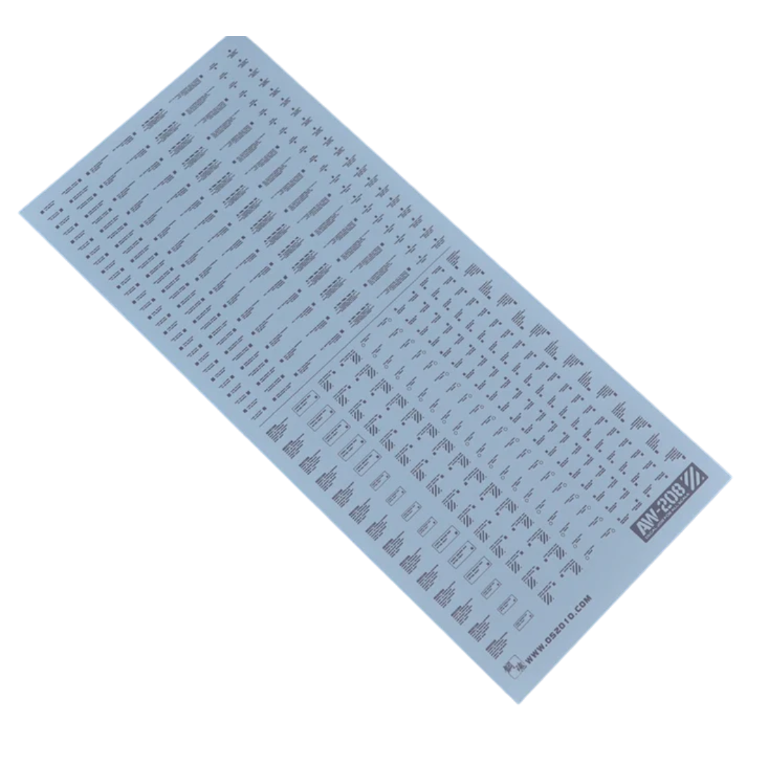 Madworks AW-208 Waterslide Decals Dark Grey, system marking decal sheet for realistic detailing on Gunpla, sci-fi, and plastic model kits.

