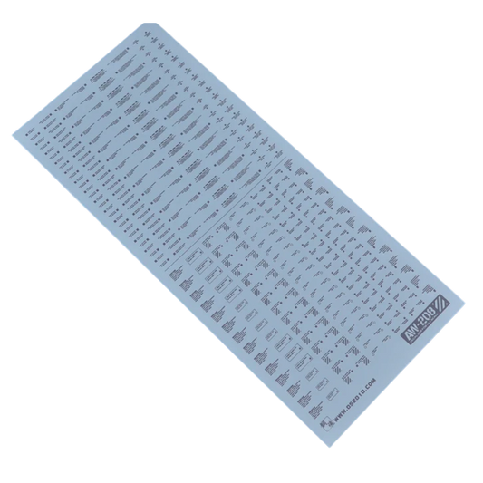 Madworks AW-208 Waterslide Decals Dark Grey, system marking decal sheet for realistic detailing on Gunpla, sci-fi, and plastic model kits.

