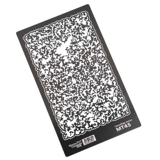 Madworks MT45 Camouflage Effect Stencil, flexible reusable stencil for realistic camo painting on Gunpla, military models, and plastic kit builds.

