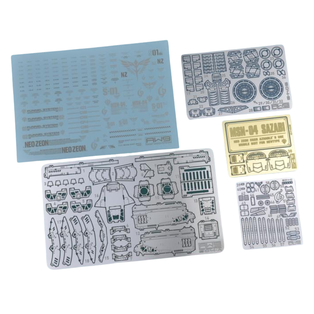 Madworks S004 RG Sazabi Detail-Up Parts, photo-etched metal upgrade kit for enhancing panel detail and realism on Real Grade Gunpla builds.

