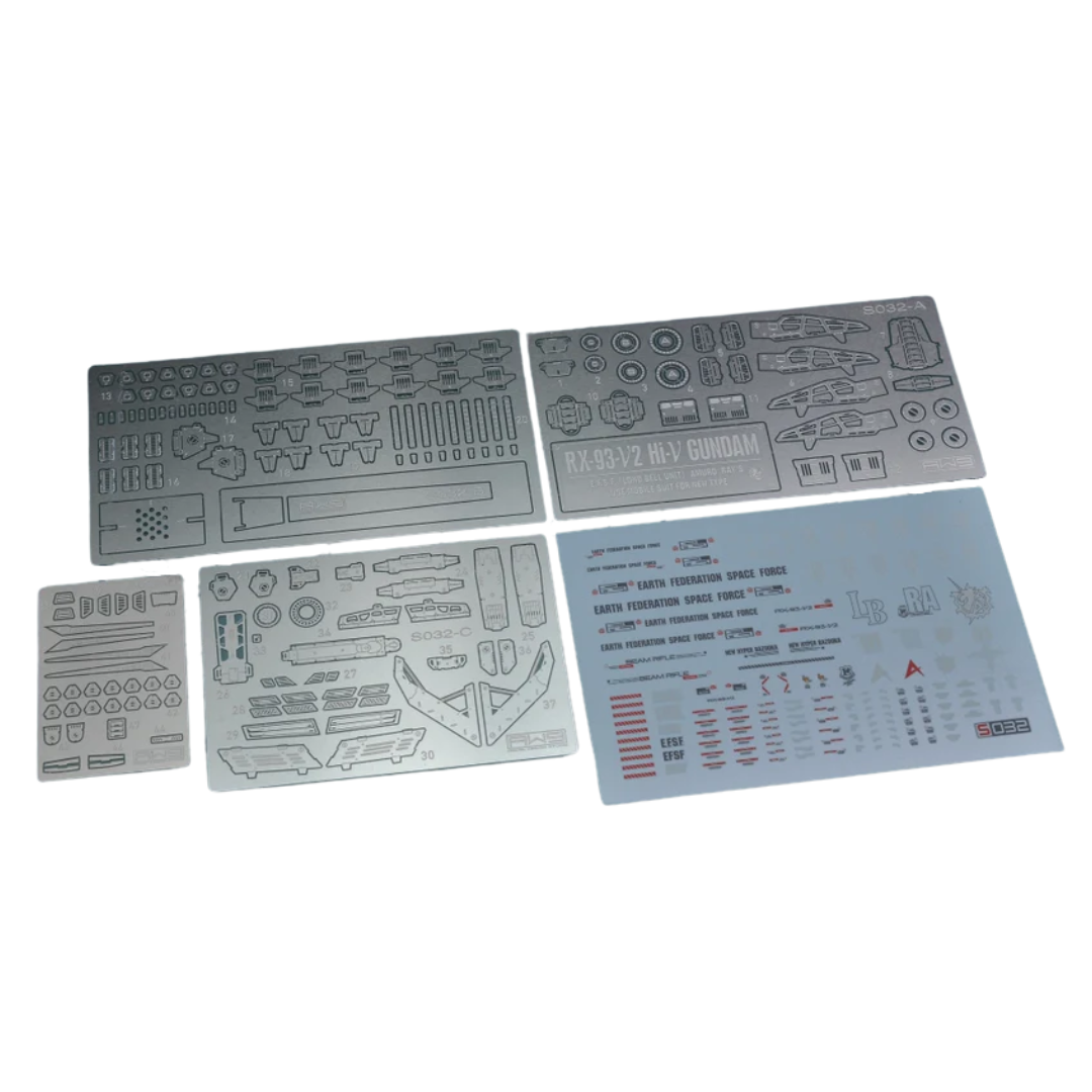 Madworks S032 RG Hi-Nu Gundam detailing set with photo-etched parts and decals, premium upgrade kit for advanced Gunpla modelers.

