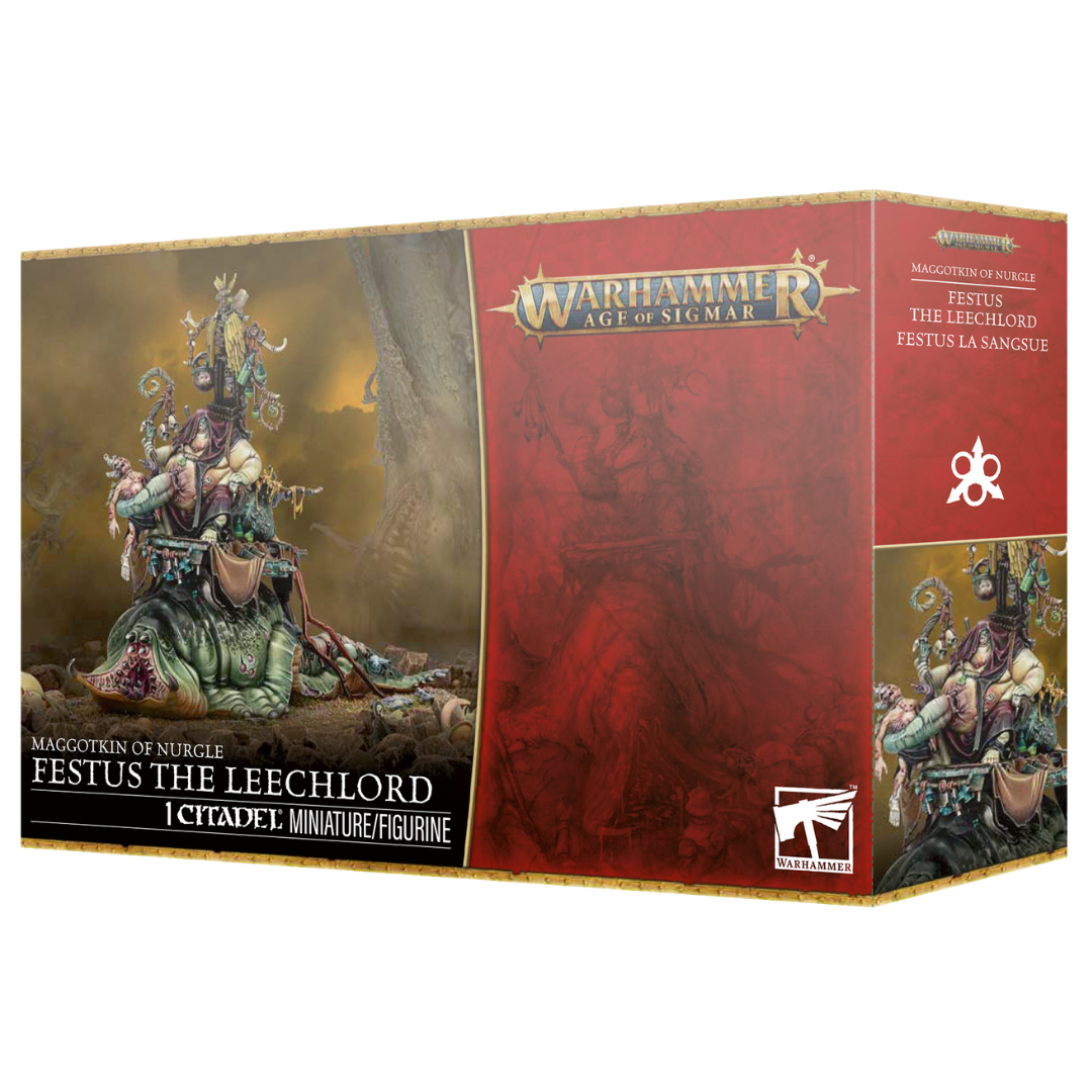 Warhammer Age of Sigmar Maggotkin of Nurgle Festus the Leechlord box art and assembled miniature