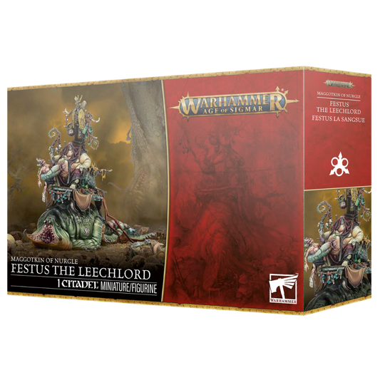 Warhammer Age of Sigmar Maggotkin of Nurgle Festus the Leechlord box art and assembled miniature