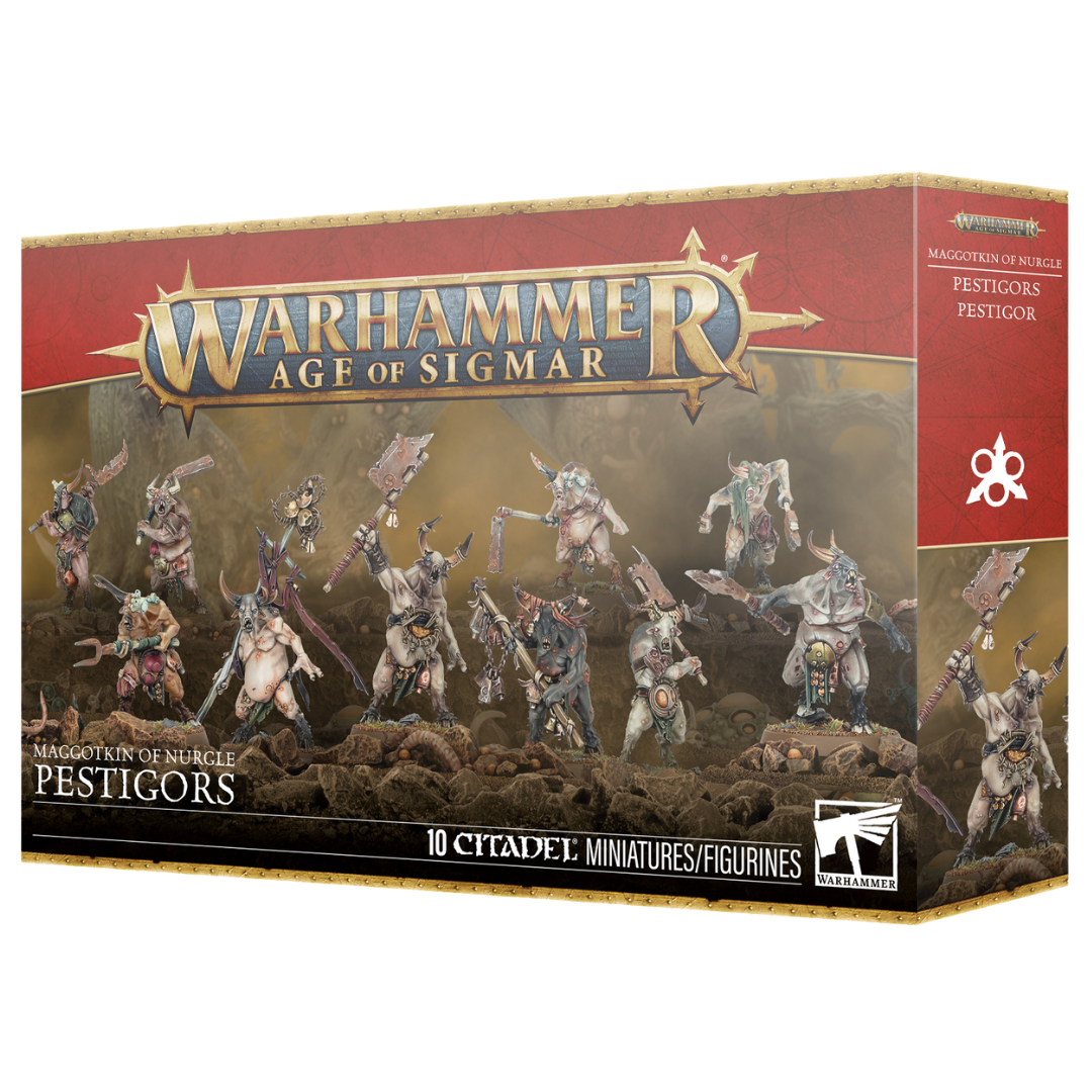 Warhammer Age of Sigmar Maggotkin of Nurgle Pestigors box art and assembled miniatures