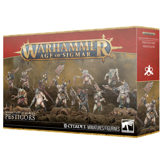 Warhammer Age of Sigmar Maggotkin of Nurgle Pestigors box art and assembled miniatures