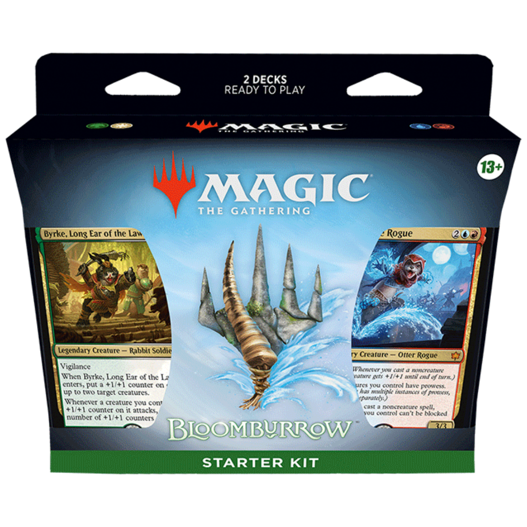 Packaging for Magic: The Gathering Bloomburrow Starter Kit featuring two decks with card visuals and product information.