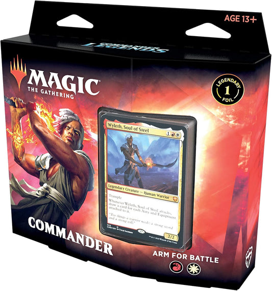 Brandish Your Blade Commander Deck, ready-to-play Magic: The Gathering deck with Wyleth, debut cards, reprints, tokens, deck box, and life tracker for multiplayer battles.