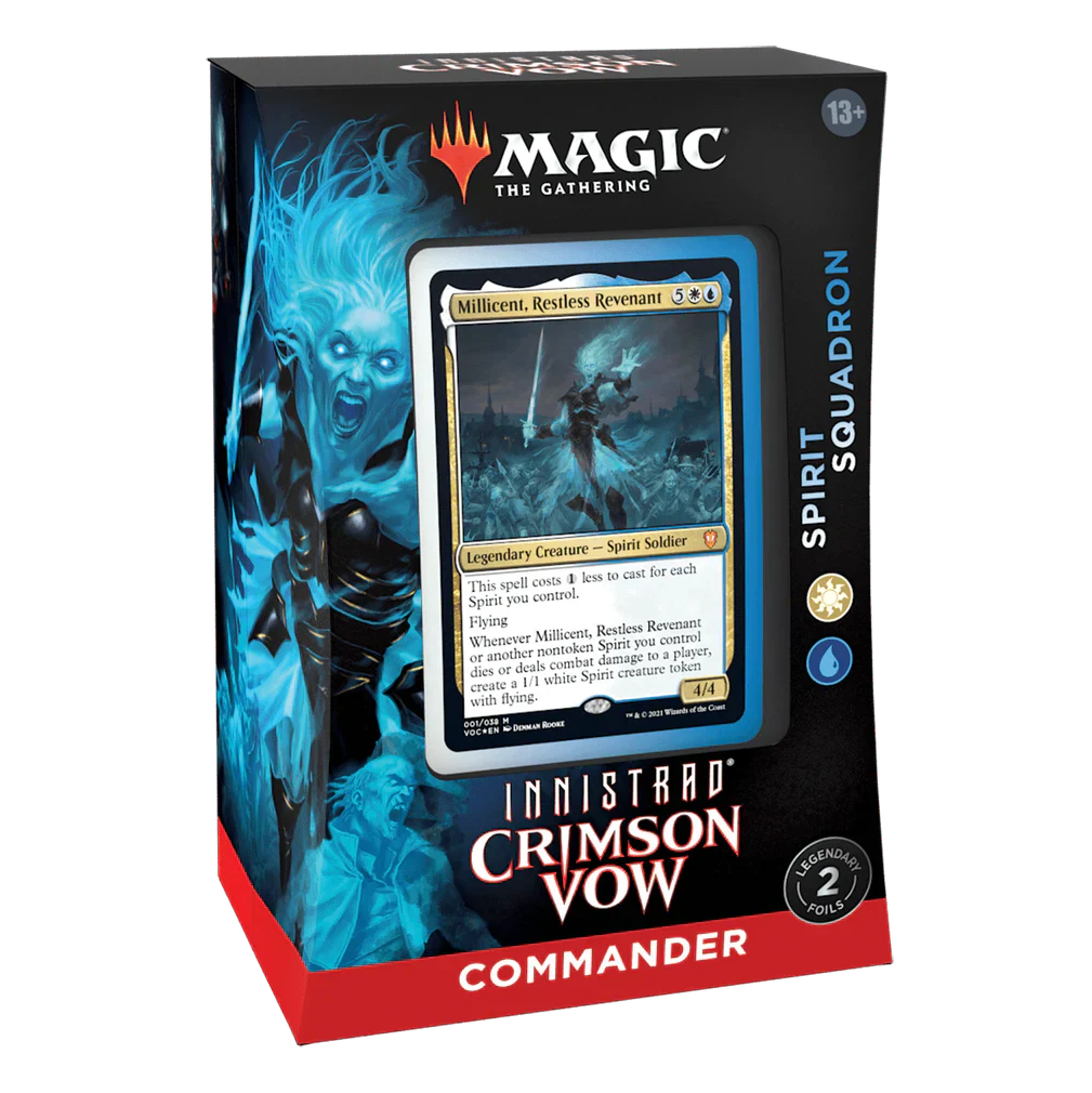 Magic: The Gathering Innistrad: Crimson Vow Spirit Squadron Commander Deck featuring Millicent, Restless Revenant, exclusive cards, and ghost-themed MTG gameplay.