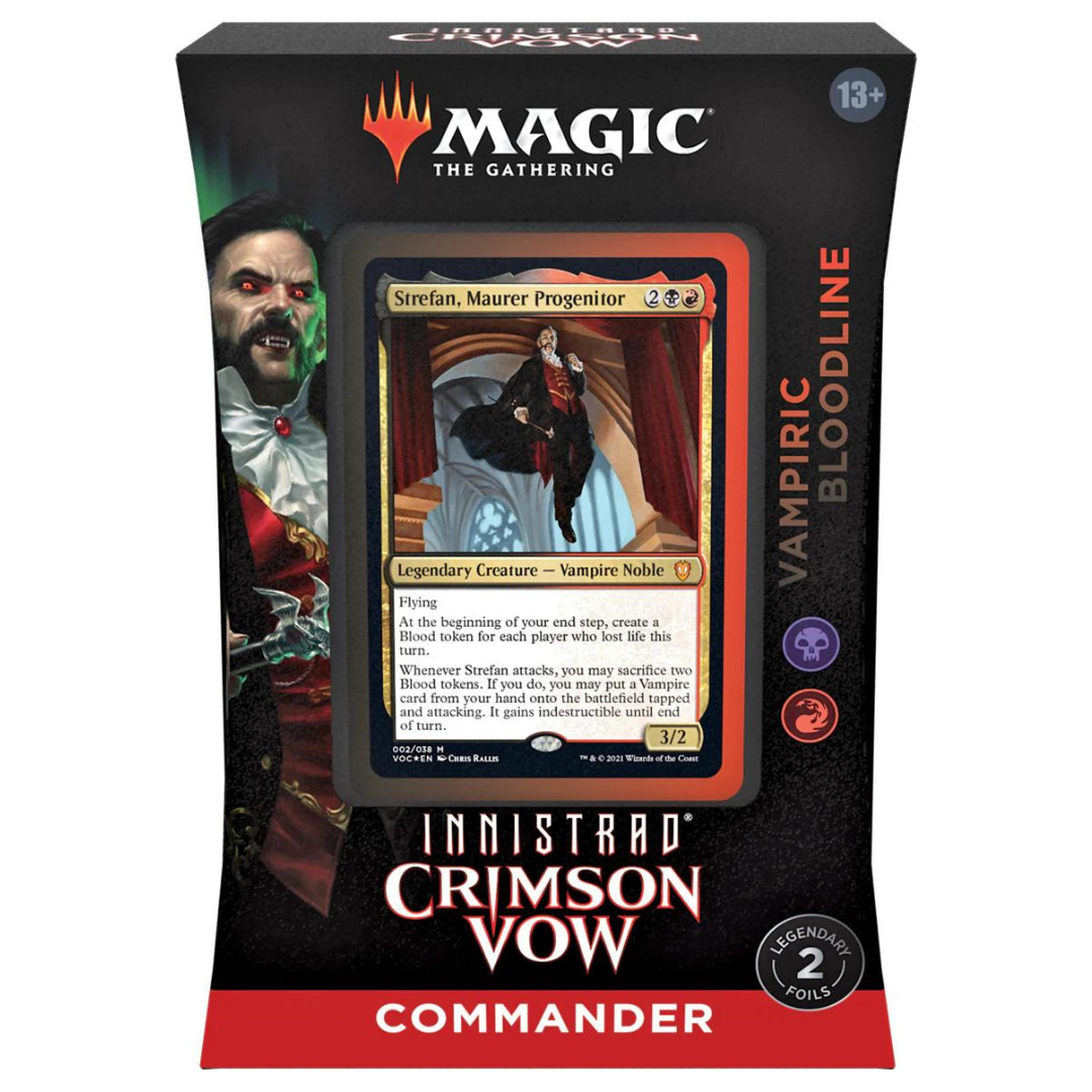Magic: The Gathering Innistrad: Crimson Vow Vampiric Bloodline Commander Deck featuring Strefan, Maurer Progenitor, vampire synergies, Blood tokens, and MTG gameplay.