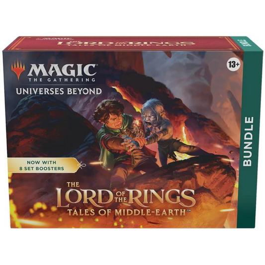 Magic: The Gathering The Lord of the Rings: Tales from Middle-earth Bundle with Set Boosters, foil and regular lands, promo cards, spindown dice, and collectible box.