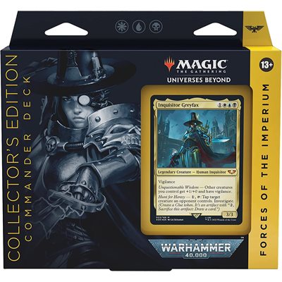 Magic: The Gathering Warhammer 40,000 Forces of the Imperium Commander deck with Surge Foil cards and exclusive artwork.