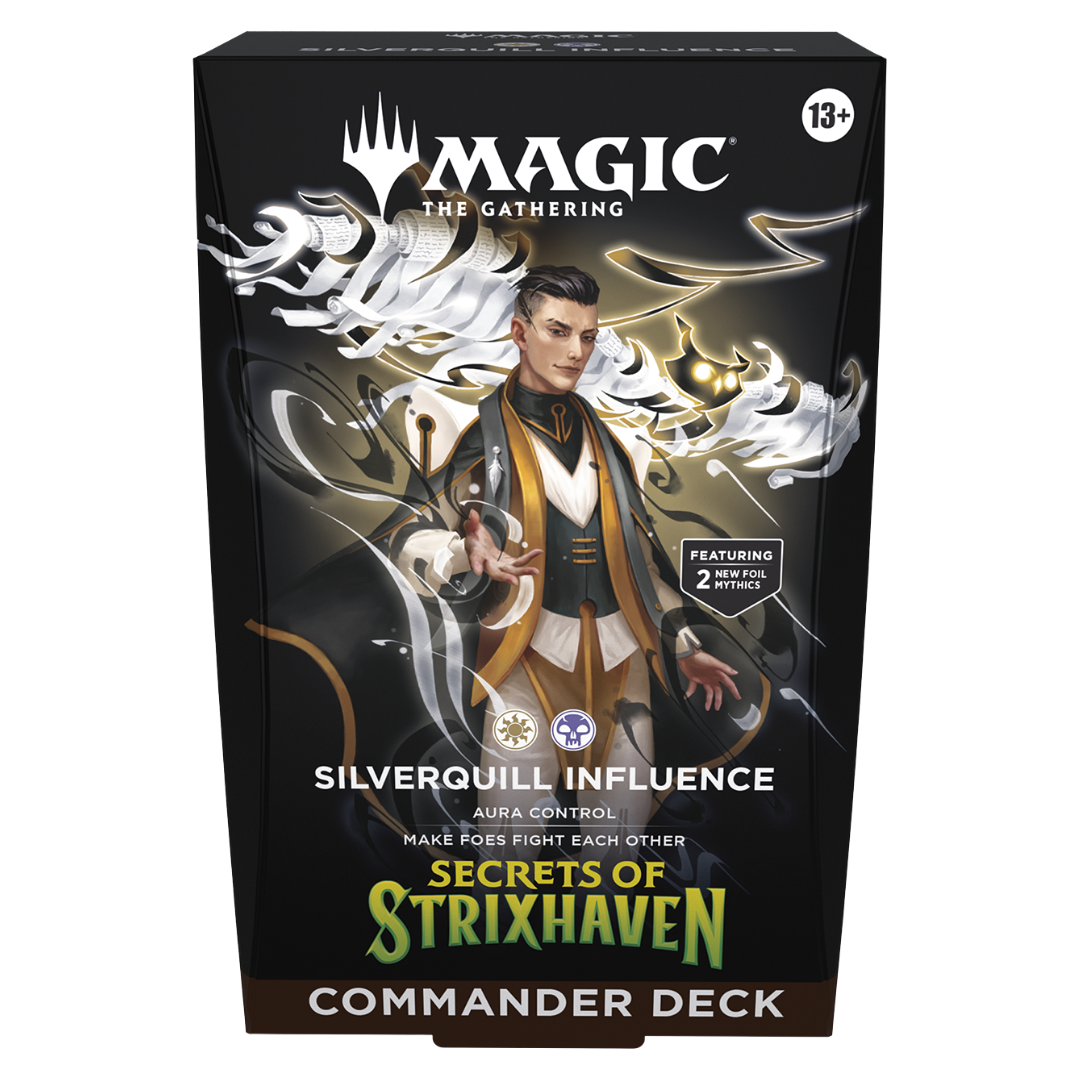 Magic the Gathering Secrets of Strixhaven Silverquill Influence Commander Deck box art with Silverquill college character artwork