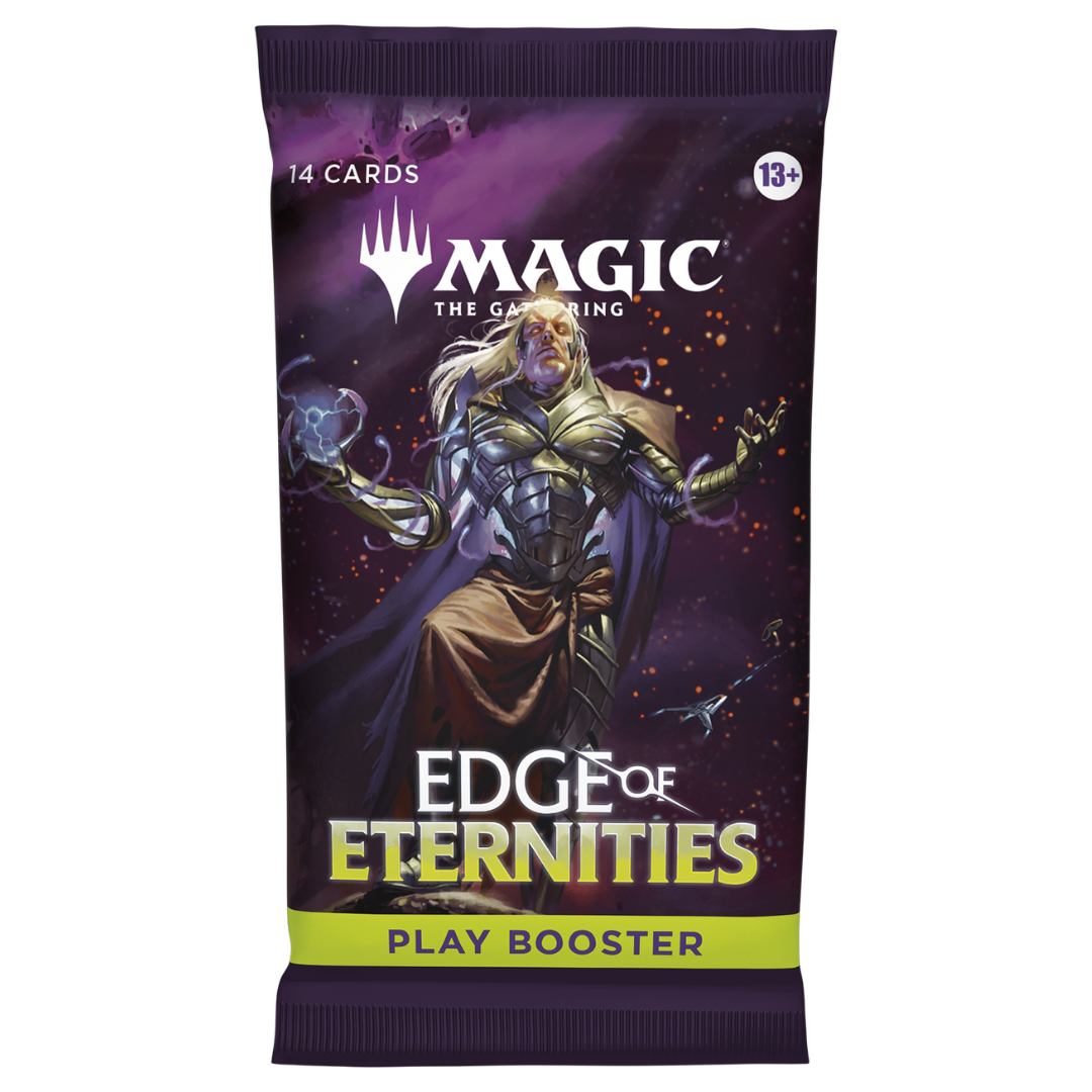 Magic: The Gathering Edge of Eternities Play Booster Pack featuring rare cards, legendary creatures, and powerful spells.