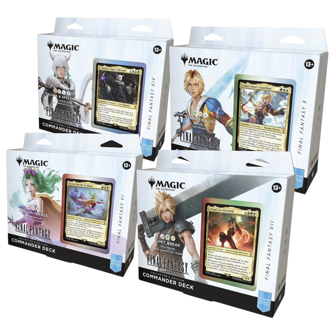 Magic: The Gathering Final Fantasy Collector Commander Deck Set of 4, deluxe foil-enhanced MTG decks featuring iconic Final Fantasy characters and artwork.