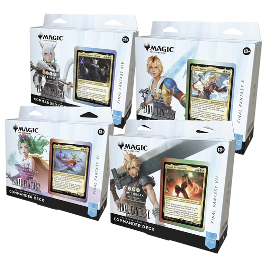 Magic: The Gathering Final Fantasy Collector Commander Deck Set of 4, deluxe foil-enhanced MTG decks featuring iconic Final Fantasy characters and artwork.