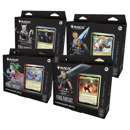 Magic: The Gathering Final Fantasy Commander Deck Set of 4, pre-constructed MTG decks featuring iconic Final Fantasy themes for collectors and Commander players.