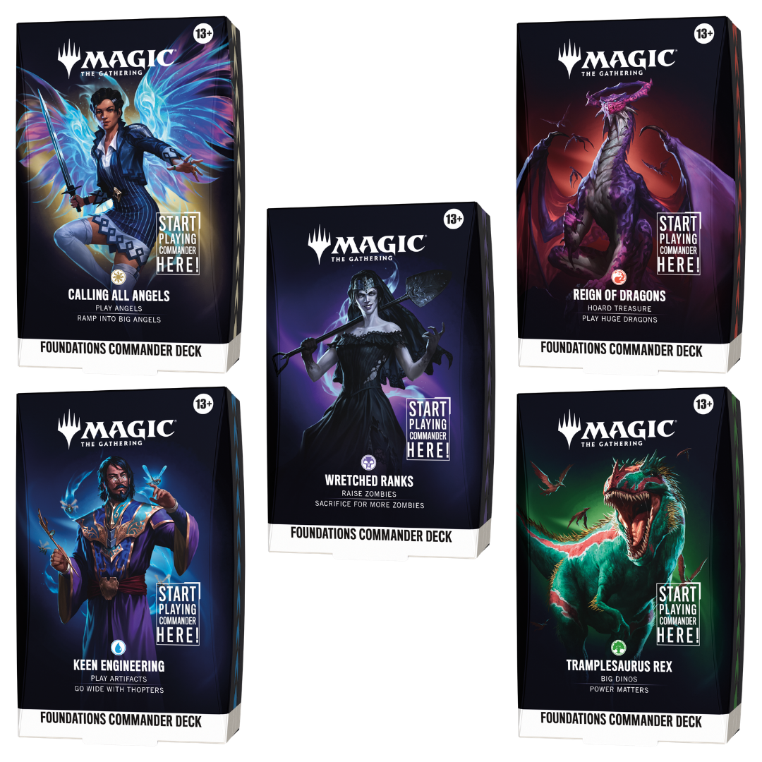 Magic Foundations Commander Deck Set of 5 with Angels, Zombies, Dragons, Dinosaurs and artifact decks