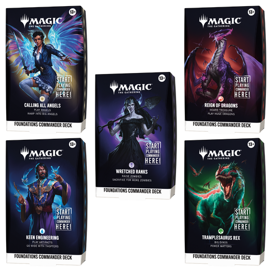 Magic Foundations Commander Deck Set of 5 with Angels, Zombies, Dragons, Dinosaurs and artifact decks