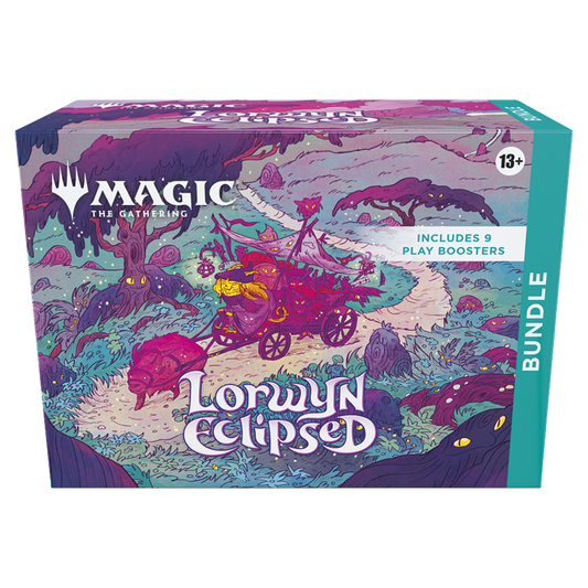 MTG Lorwyn Eclipsed Bundle box, includes 9 Play Boosters, lands, oversized Spindown, and storage box
