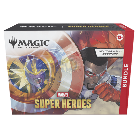Magic the Gathering Marvel Super Heroes Bundle box featuring Marvel artwork and contents including Play Boosters and Spindown life counter