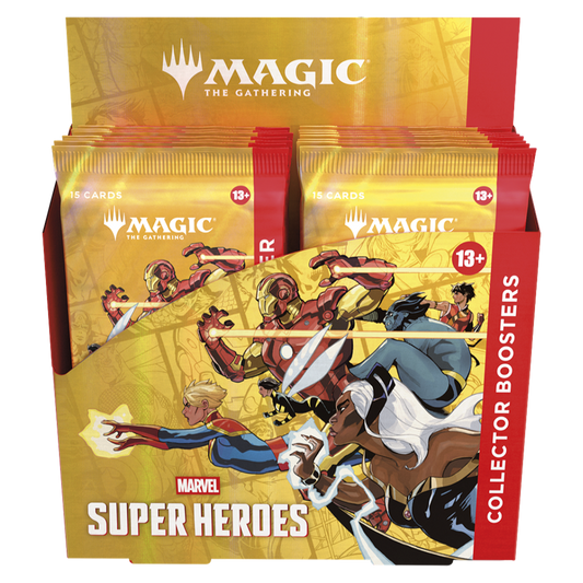 Magic the Gathering Marvel Super Heroes Collector Booster display box featuring Marvel heroes and premium foil card packs