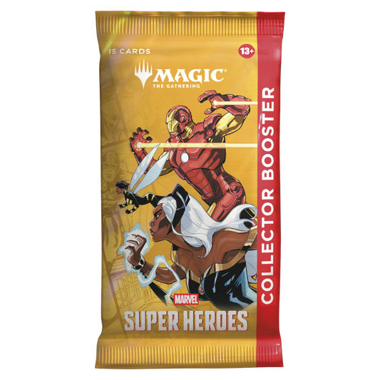 Magic the Gathering Marvel Super Heroes Collector Booster Pack featuring Iron Man and Storm artwork