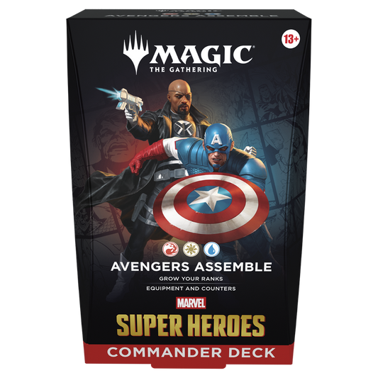 Magic the Gathering Marvel Super Heroes Avengers Assemble Commander Deck packaging with Avengers themed artwork