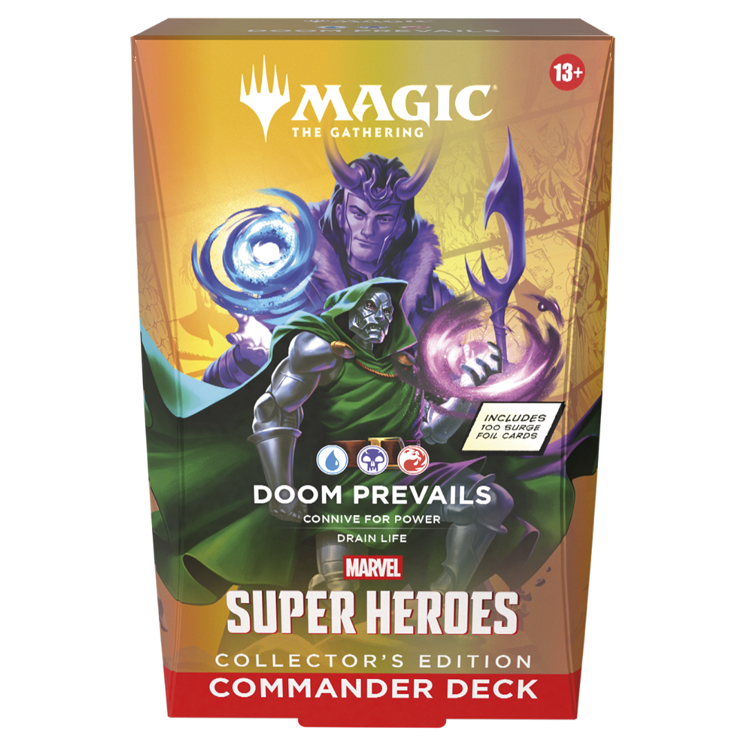 Magic the Gathering Marvel Super Heroes Doom Prevails Commander Deck Collectors Edition packaging with premium Doctor Doom artwork