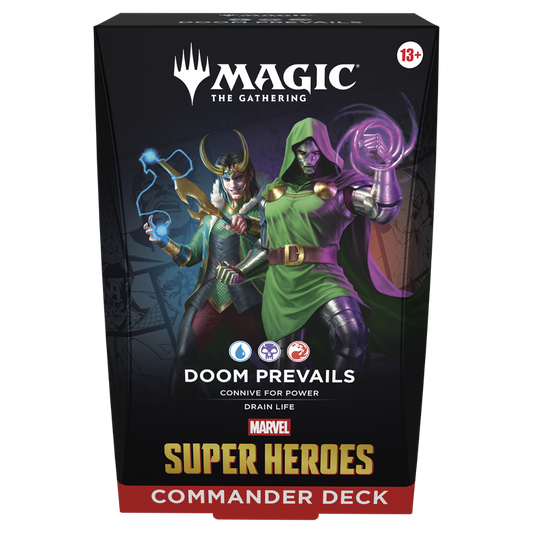 Magic the Gathering Marvel Super Heroes Doom Prevails Commander Deck packaging with Doctor Doom themed artwork