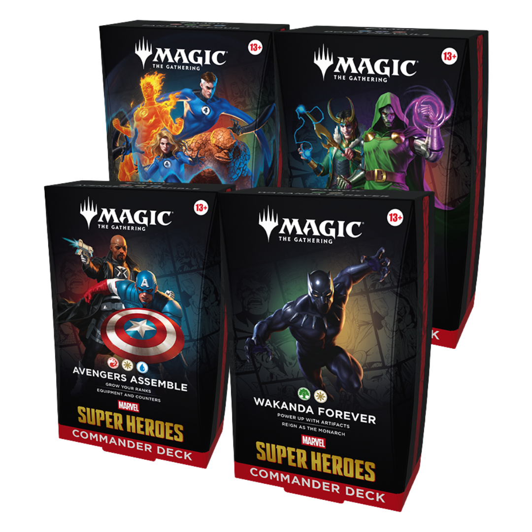 Magic the Gathering Marvel Super Heroes Commander Deck set of four featuring Avengers, Wakanda Forever, Fantastic Four, and Doom Prevails decks