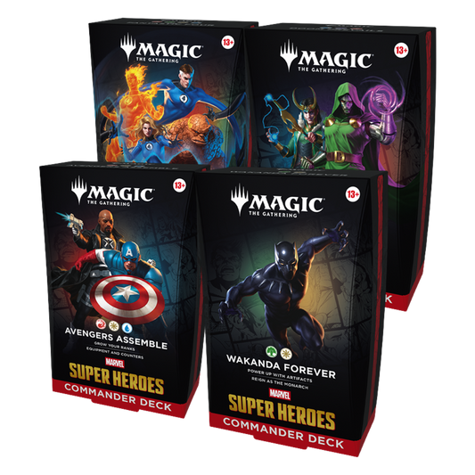 Magic the Gathering Marvel Super Heroes Commander Deck set of four featuring Avengers, Wakanda Forever, Fantastic Four, and Doom Prevails decks
