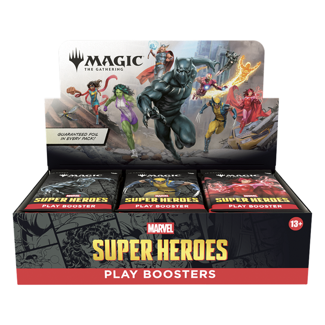 Magic the Gathering Marvel Super Heroes Play Booster display box featuring Marvel heroes and villains