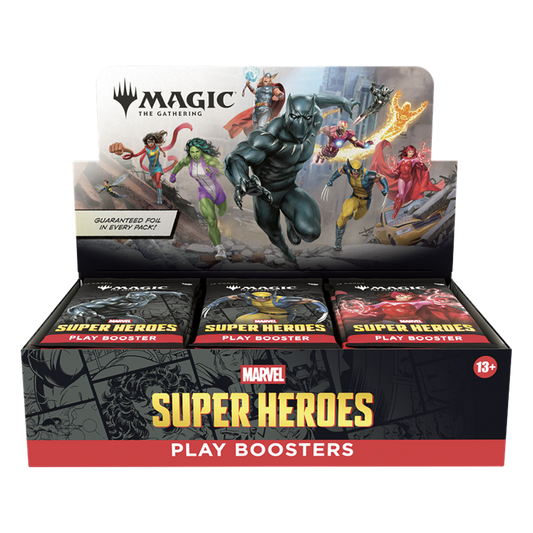 Magic the Gathering Marvel Super Heroes Play Booster display box featuring Marvel heroes and villains