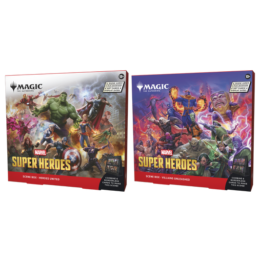 Magic The Gathering Marvel Super Heroes Scene Box Set of Two featuring Heroes United and Villains Unleashed collectible boxes