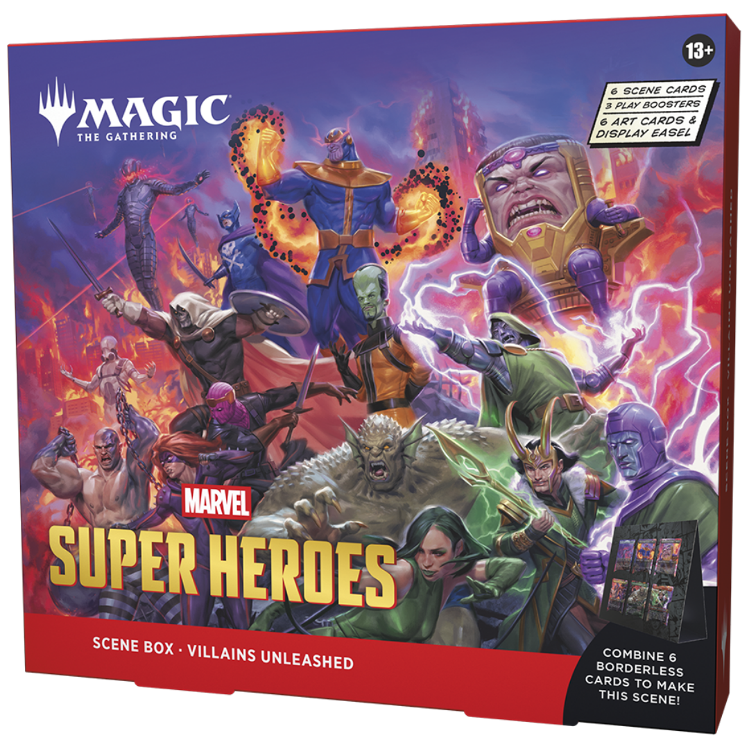 Magic the Gathering Marvel Super Heroes Scene Box Villains Unleashed with borderless scene cards and display easel