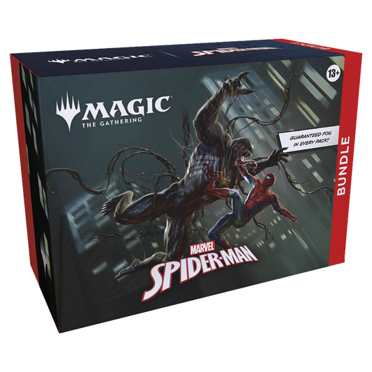 Magic the Gathering Marvel’s Spider-Man Bundle box with boosters, lands, deck box, and Spindown counter