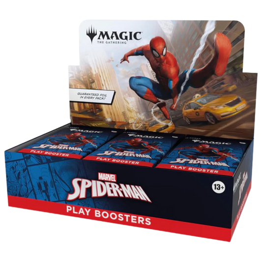 Magic the Gathering Marvel Spider-Man Play Booster featuring Spider-Man and Marvel-themed MTG draft cards








