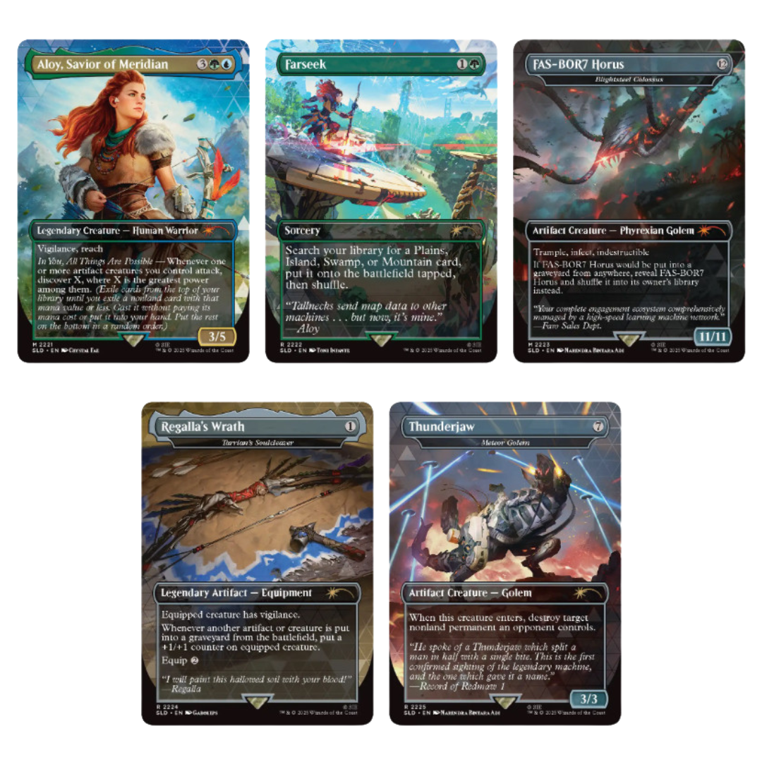 Collection of five Magic: the Gathering Secret Lair trading cards from the PlayStation video game New Horizon