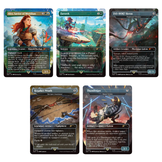 Collection of five Magic: the Gathering Secret Lair trading cards from the PlayStation video game New Horizon