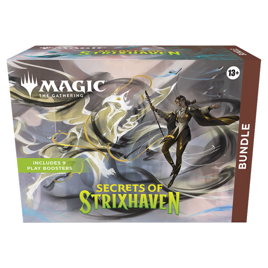 Magic the Gathering Secrets of Strixhaven Bundle box showing included Play Boosters and themed artwork