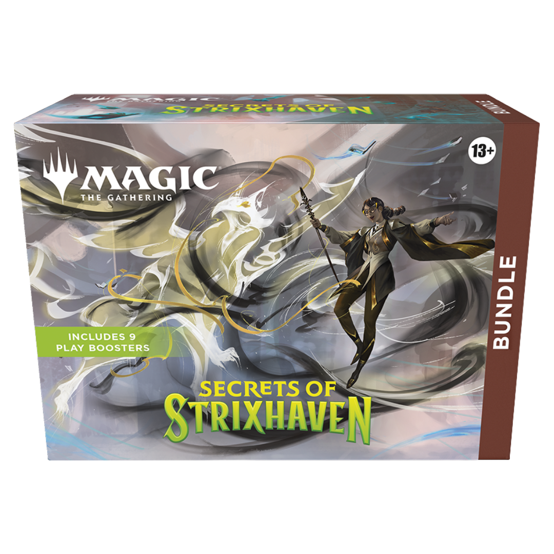 Magic the Gathering Secrets of Strixhaven Bundle box showing included Play Boosters and themed artwork